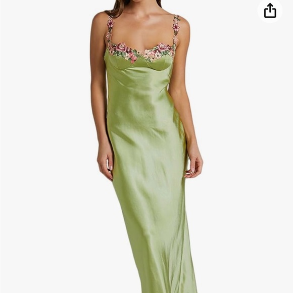 Dresses & Skirts - Floral trim green satin maxi dress